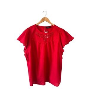 LANE BRYANT Red Peasant Boho Embroidered Eyelet Flutter Cap Sleeve Top Sz 18 NWT